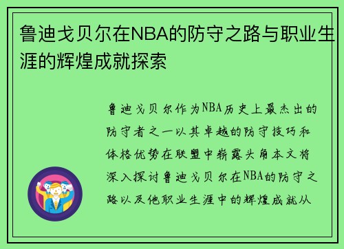 鲁迪戈贝尔在NBA的防守之路与职业生涯的辉煌成就探索